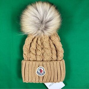 Moncler Women’s Brown Cable Knit Beanie with Pom Pom